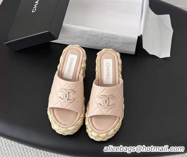 Purchase Chanel CC Logo Quilted Leather Raffia Wedge Sandals Pink 6052404
