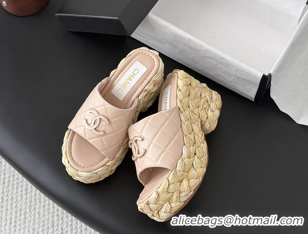 Purchase Chanel CC Logo Quilted Leather Raffia Wedge Sandals Pink 6052404