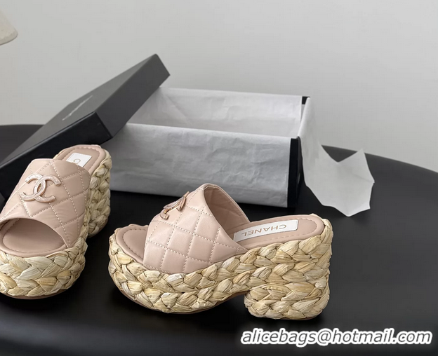 Purchase Chanel CC Logo Quilted Leather Raffia Wedge Sandals Pink 6052404