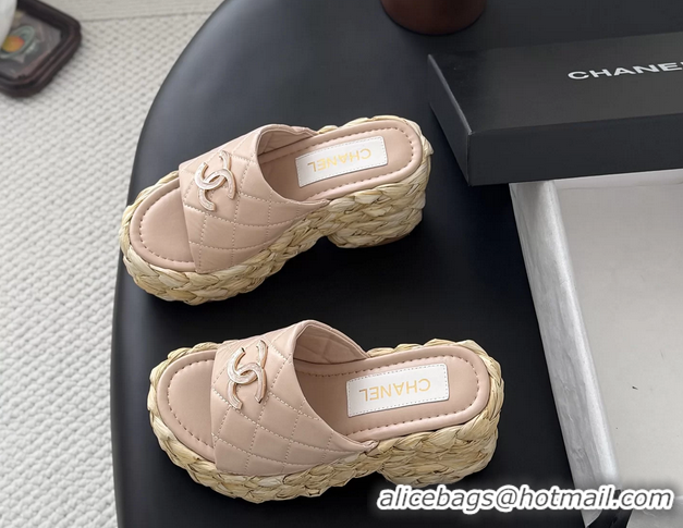 Purchase Chanel CC Logo Quilted Leather Raffia Wedge Sandals Pink 6052404
