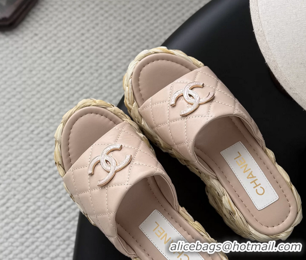 Purchase Chanel CC Logo Quilted Leather Raffia Wedge Sandals Pink 6052404