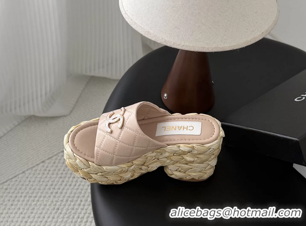 Purchase Chanel CC Logo Quilted Leather Raffia Wedge Sandals Pink 6052404