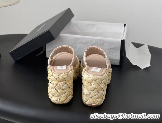 Purchase Chanel CC Logo Quilted Leather Raffia Wedge Sandals Pink 6052404