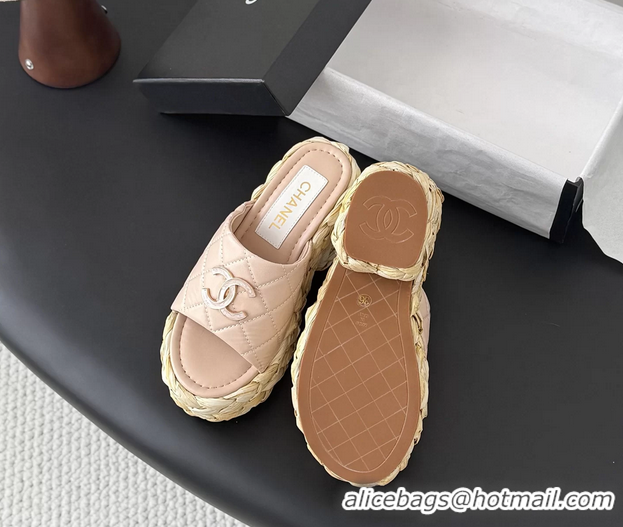 Purchase Chanel CC Logo Quilted Leather Raffia Wedge Sandals Pink 6052404