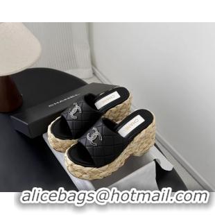 Good Looking Chanel CC Logo Quilted Leather Raffia Wedge Sandals Black 6052404