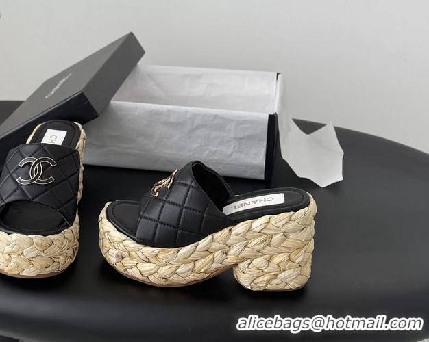 Good Looking Chanel CC Logo Quilted Leather Raffia Wedge Sandals Black 6052404