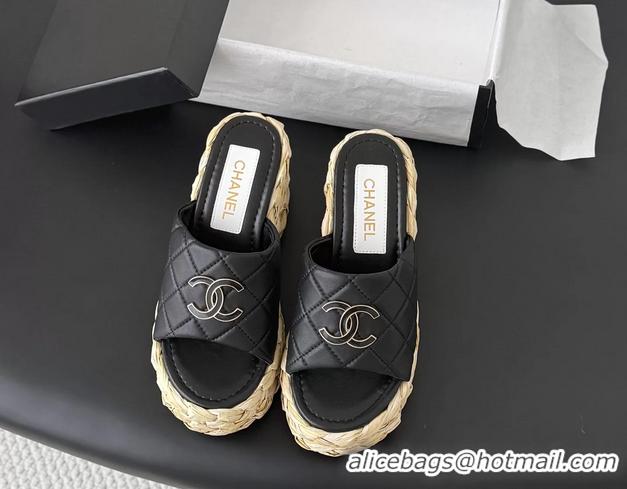 Good Looking Chanel CC Logo Quilted Leather Raffia Wedge Sandals Black 6052404