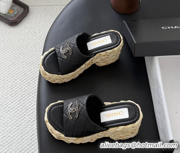 Good Looking Chanel CC Logo Quilted Leather Raffia Wedge Sandals Black 6052404