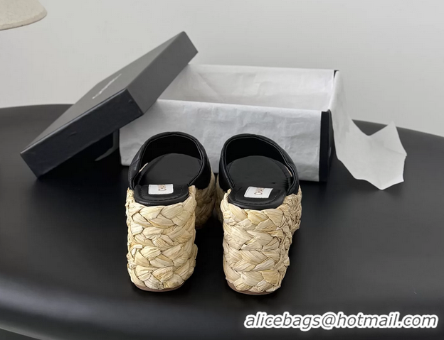 Good Looking Chanel CC Logo Quilted Leather Raffia Wedge Sandals Black 6052404