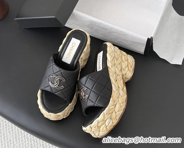 Good Looking Chanel CC Logo Quilted Leather Raffia Wedge Sandals Black 6052404