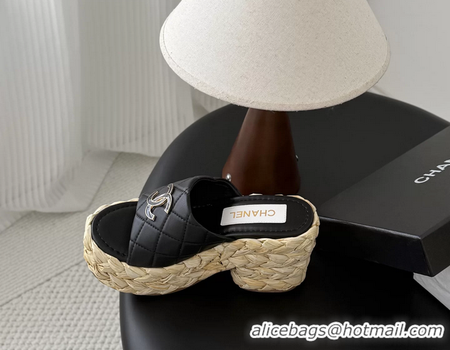 Good Looking Chanel CC Logo Quilted Leather Raffia Wedge Sandals Black 6052404