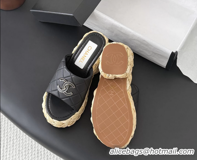 Good Looking Chanel CC Logo Quilted Leather Raffia Wedge Sandals Black 6052404