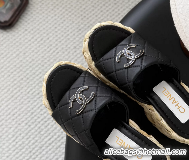 Good Looking Chanel CC Logo Quilted Leather Raffia Wedge Sandals Black 6052404