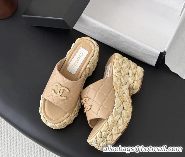 Good Quality Chanel CC Logo Quilted Leather Raffia Wedge Sandals Beige 6052405