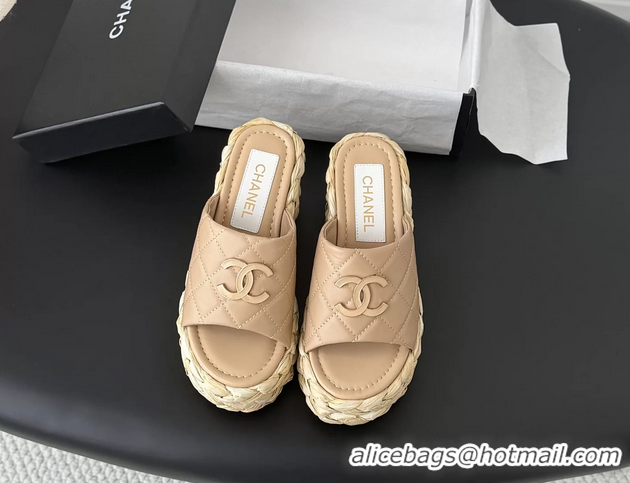 Good Quality Chanel CC Logo Quilted Leather Raffia Wedge Sandals Beige 6052405