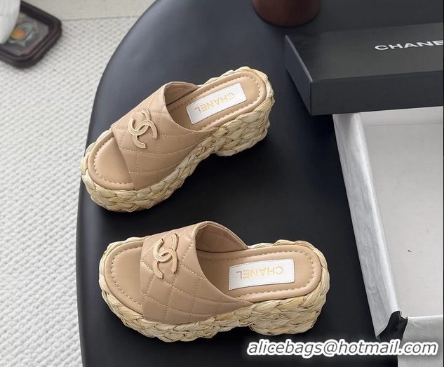 Good Quality Chanel CC Logo Quilted Leather Raffia Wedge Sandals Beige 6052405