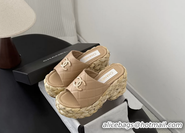 Good Quality Chanel CC Logo Quilted Leather Raffia Wedge Sandals Beige 6052405
