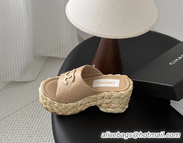 Good Quality Chanel CC Logo Quilted Leather Raffia Wedge Sandals Beige 6052405