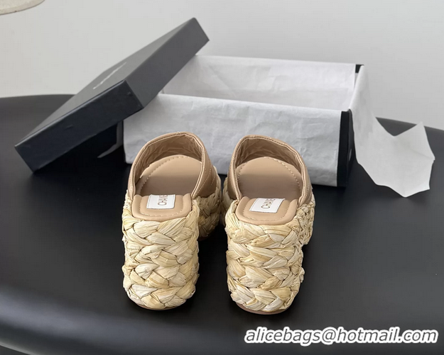 Good Quality Chanel CC Logo Quilted Leather Raffia Wedge Sandals Beige 6052405
