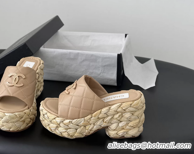 Good Quality Chanel CC Logo Quilted Leather Raffia Wedge Sandals Beige 6052405