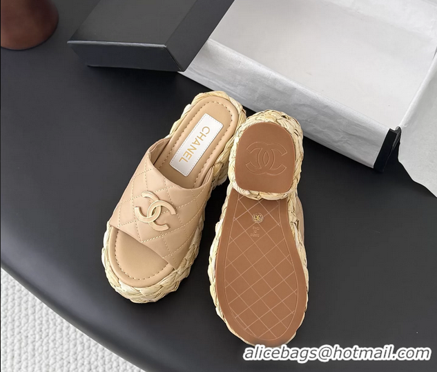 Good Quality Chanel CC Logo Quilted Leather Raffia Wedge Sandals Beige 6052405