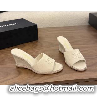 Big Discount Chanel CC Logo Light Beige Suede Leather Wedge Sandals 75MM 6052406
