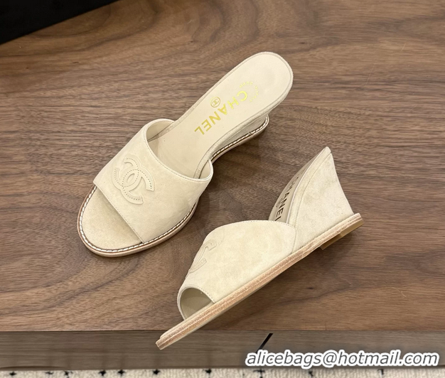 Big Discount Chanel CC Logo Light Beige Suede Leather Wedge Sandals 75MM 6052406