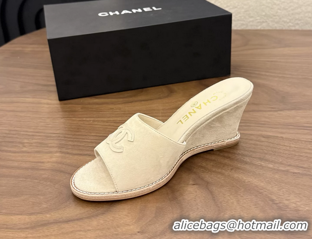Big Discount Chanel CC Logo Light Beige Suede Leather Wedge Sandals 75MM 6052406