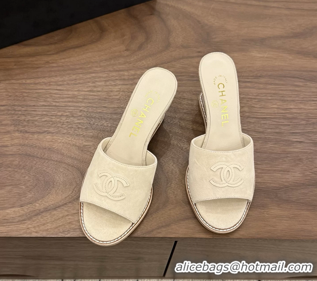 Big Discount Chanel CC Logo Light Beige Suede Leather Wedge Sandals 75MM 6052406
