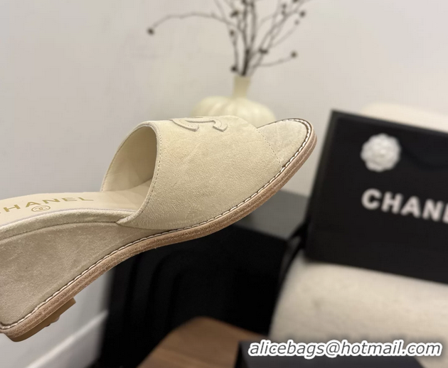 Big Discount Chanel CC Logo Light Beige Suede Leather Wedge Sandals 75MM 6052406