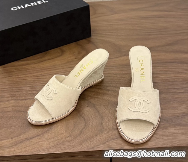 Big Discount Chanel CC Logo Light Beige Suede Leather Wedge Sandals 75MM 6052406