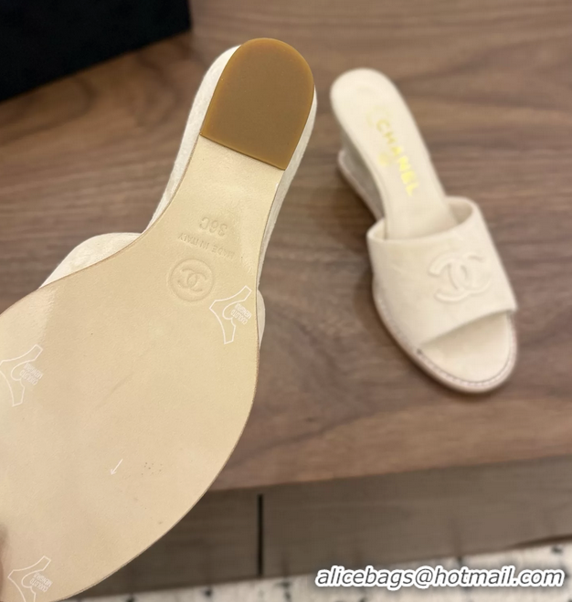 Big Discount Chanel CC Logo Light Beige Suede Leather Wedge Sandals 75MM 6052406