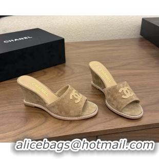 New Design Chanel CC Logo Dark Brown Suede Leather Wedge Sandals 75MM 6052406