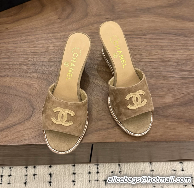 New Design Chanel CC Logo Dark Brown Suede Leather Wedge Sandals 75MM 6052406
