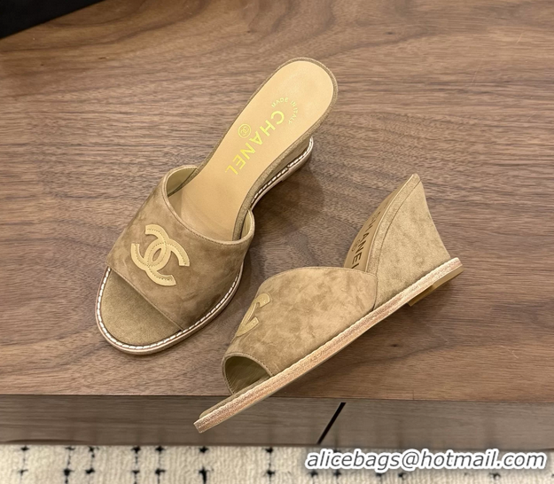 New Design Chanel CC Logo Dark Brown Suede Leather Wedge Sandals 75MM 6052406
