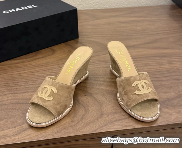 New Design Chanel CC Logo Dark Brown Suede Leather Wedge Sandals 75MM 6052406