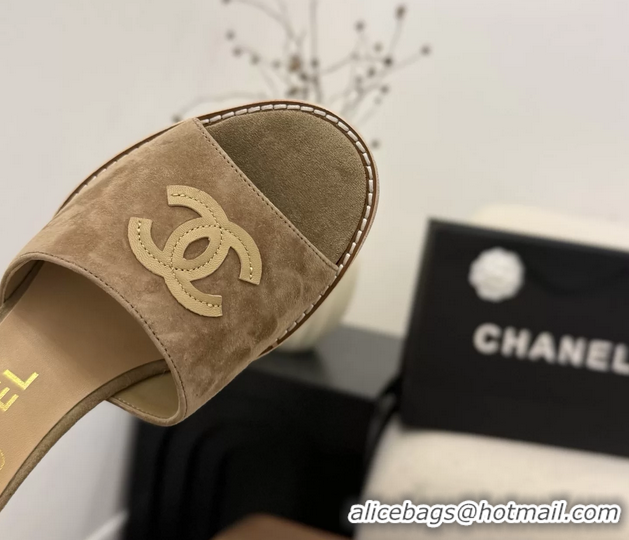 New Design Chanel CC Logo Dark Brown Suede Leather Wedge Sandals 75MM 6052406