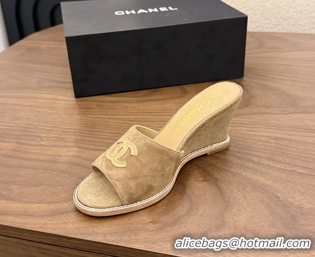 New Design Chanel CC Logo Dark Brown Suede Leather Wedge Sandals 75MM 6052406