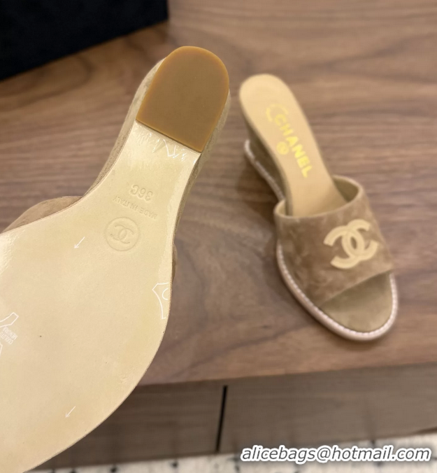 New Design Chanel CC Logo Dark Brown Suede Leather Wedge Sandals 75MM 6052406
