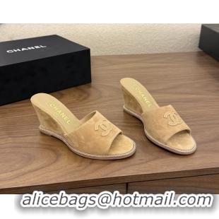 Best Grade Chanel CC Logo Dark Beige Suede Leather Wedge Sandals 75MM 6052406