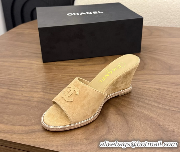 Best Grade Chanel CC Logo Dark Beige Suede Leather Wedge Sandals 75MM 6052406