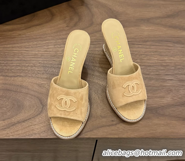 Best Grade Chanel CC Logo Dark Beige Suede Leather Wedge Sandals 75MM 6052406