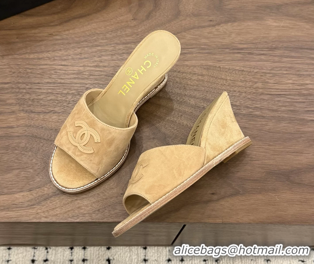 Best Grade Chanel CC Logo Dark Beige Suede Leather Wedge Sandals 75MM 6052406