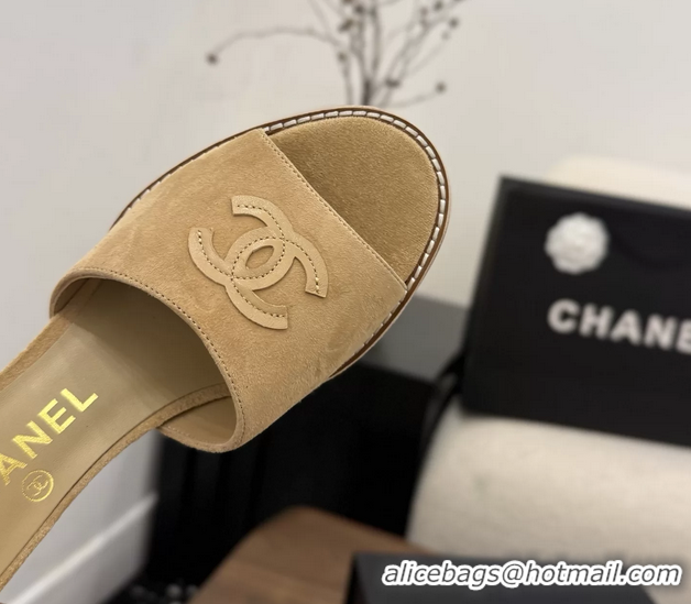 Best Grade Chanel CC Logo Dark Beige Suede Leather Wedge Sandals 75MM 6052406