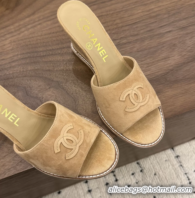 Best Grade Chanel CC Logo Dark Beige Suede Leather Wedge Sandals 75MM 6052406