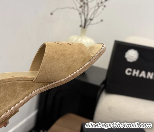 Best Grade Chanel CC Logo Dark Beige Suede Leather Wedge Sandals 75MM 6052406