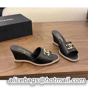 Top Quality Chanel CC Logo Black Lambskin Leather Wedge Sandals 75MM 6052406