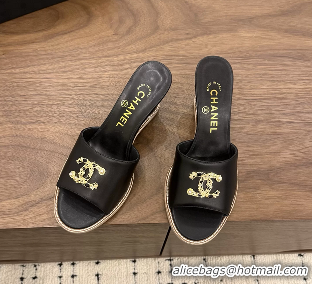 Top Quality Chanel CC Logo Black Lambskin Leather Wedge Sandals 75MM 6052406