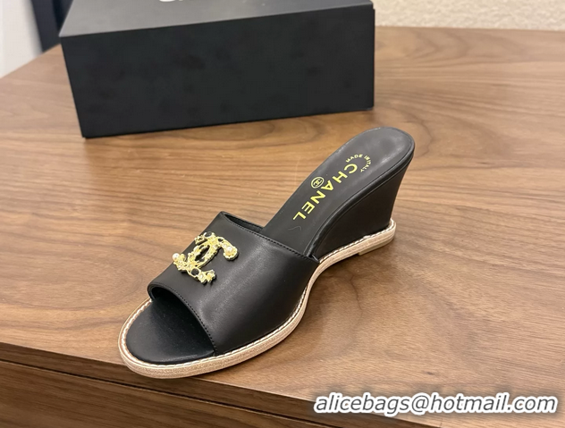 Top Quality Chanel CC Logo Black Lambskin Leather Wedge Sandals 75MM 6052406