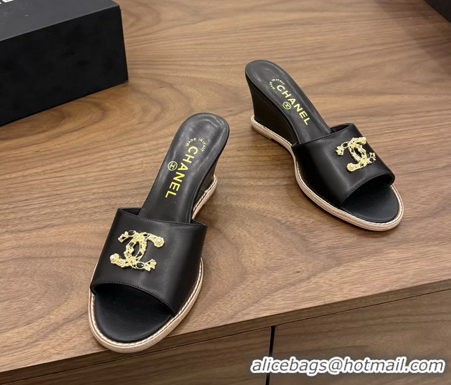 Top Quality Chanel CC Logo Black Lambskin Leather Wedge Sandals 75MM 6052406